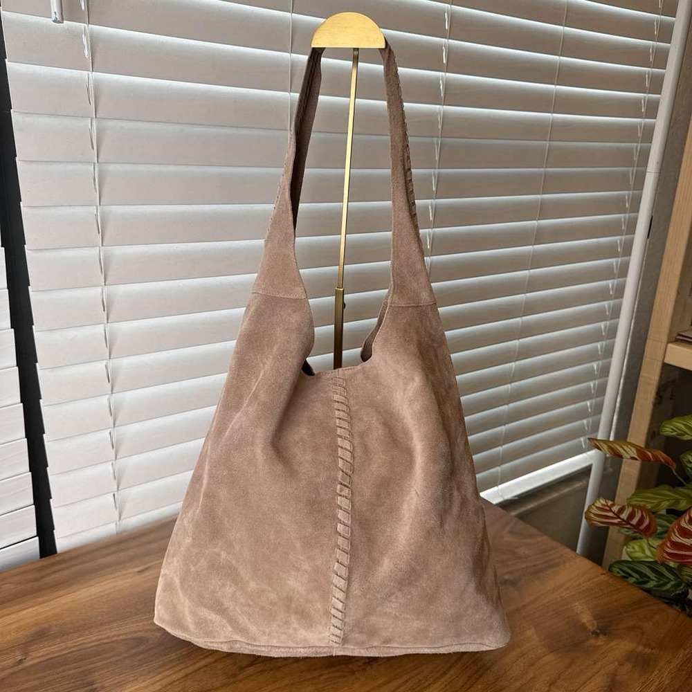 Haute Hippie Tan Suede Boho Slouchy Hobo Shoulder Bag Handbag Whipstitch Detail - Picture 3 of 16